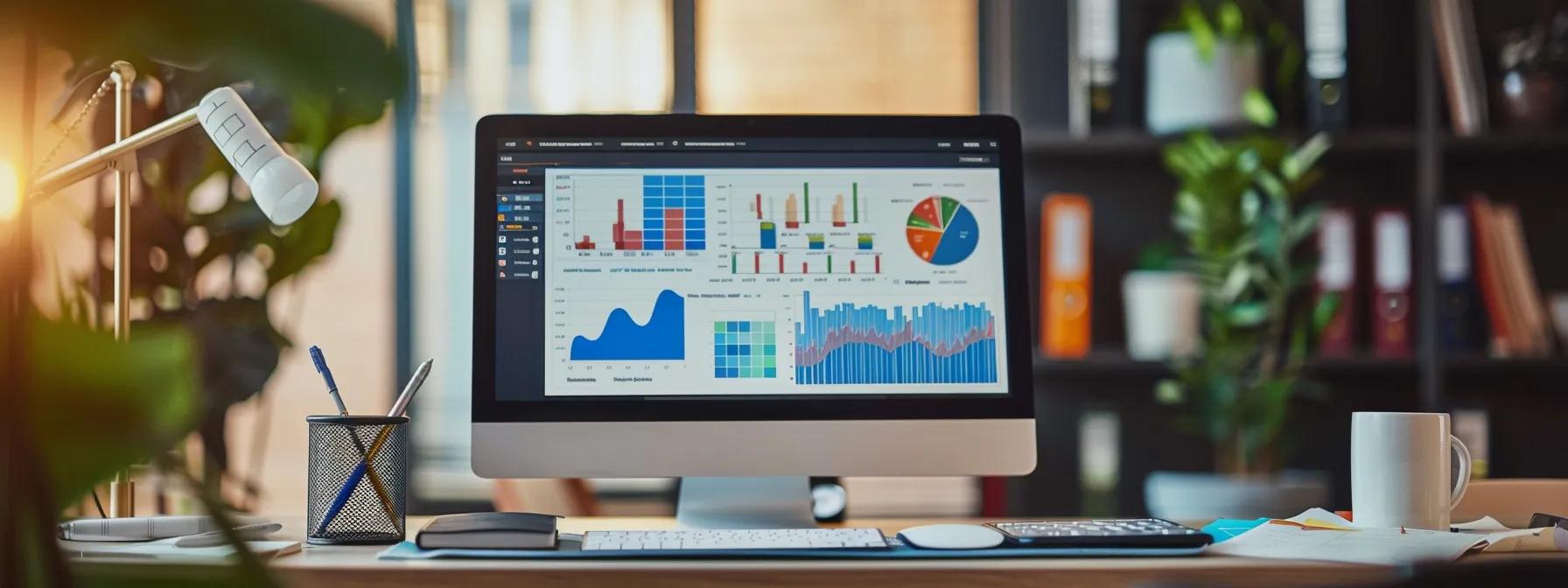 a sleek, modern office workspace features a large monitor displaying vibrant graphs and analytics related to seo, with a stylish laptop and digital marketing books neatly arranged on a glossy desk, highlighting the intricacies of search engine optimization.